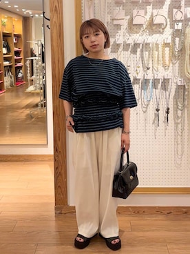 「アイテム（ボストンバッグ）」を使った、nanamoueさん（レディース・154cm）の夏コーディネート