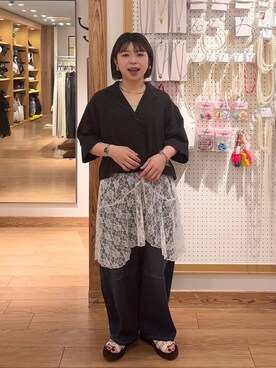 「LOWRYS FARM（ローリーズファーム）のマルチWAYレーススカート　497453（スカート）」を使った、nanamoueさん（レディース・154cm）の夏コーディネート