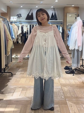 「LOWRYS FARM（ローリーズファーム）のＵＳＥＦＵＬシアープルオーバー　580950（Tシャツ/カットソー、ピンク系）」を使った、nanamoueさん（レディース）の春コーディネート