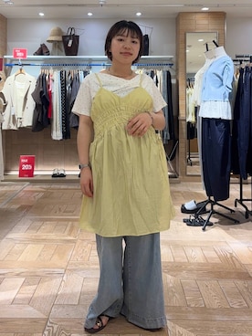「LOWRYS FARM（ローリーズファーム）のクリンクルワッシャーミニワンピース  1032198（ワンピース、イエロー系）」を使った、nanamoueさん（レディース）の夏コーディネート