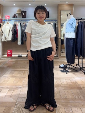 「LOWRYS FARM（ローリーズファーム）のドレーププルオーバーSS 1053677（Tシャツ/カットソー、ベージュ系）」を使った、nanamoueさん（レディース）の夏コーディネート