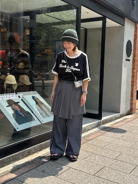 「ニット帽」｜「アイテム（サロペット/オーバーオール）」を使った、しわしわさん（レディース・163cm）の夏コーディネート