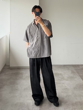 「WETTEMPT（ウィテンプト）のOPEN COLLAR CHAMBRAY S/S SHIRT / オープンカラーシャンブレーS/Sシャツ（シャツ/ブラウス、グレー系）」を使った、おさゆうさん（メンズ・168cm）の春コーディネート