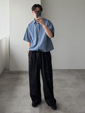 「WETTEMPT（ウィテンプト）のMICRO CHECK S/S SHIRT / マイクロチェックS/Sシャツ（シャツ/ブラウス、ブルー系）」を使った、おさゆうさん（メンズ・168cm）の春コーディネート