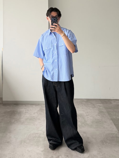 「WETTEMPT（ウィテンプト）のDOUBLE POCKET STRIPE S/S SHIRT / ダブルポケットストライプS/Sシャツ（シャツ/ブラウス）」を使った、おさゆうさん（メンズ・168cm）の春コーディネート
