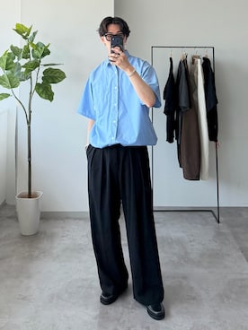 「WETTEMPT（ウィテンプト）のDRAWSTRING REGULAR S/S SHIRT / ドローコードレギュラーS/Sシャツ（シャツ/ブラウス、ブルー系）」を使った、おさゆうさん（メンズ・168cm）の夏コーディネート