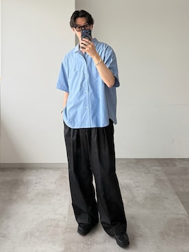 「WETTEMPT（ウィテンプト）のOPEN COLLAR CHAMBRAY S/S SHIRT / オープンカラーシャンブレーS/Sシャツ（シャツ/ブラウス、ブルー系）」を使った、おさゆうさん（メンズ・168cm）の春コーディネート