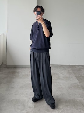 「WETTEMPT（ウィテンプト）のHIGH GAUGE HENRY NECK S/S KNIT / ハイゲージヘンリーネックS/Sニット（ニット/セーター、ブルー系）」を使った、おさゆうさん（メンズ・168cm）の夏コーディネート