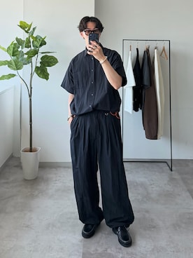 「WETTEMPT（ウィテンプト）のNYLON BICOLOR DRAWSTRING S/S SHIRT / ナイロンバイカラードローコードS/Sシャツ（シャツ/ブラウス、ブラック系）」を使った、おさゆうさん（メンズ・168cm）の夏コーディネート
