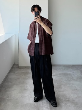 「WETTEMPT（ウィテンプト）のMATERIAL CHECK S/S SHIRT / マテリアルチェックS/Sシャツ（シャツ/ブラウス、ブラウン系）」を使った、おさゆうさん（メンズ・168cm）の夏コーディネート