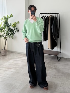 「Pringle（プリングル）のアイテム（ニット/セーター、グリーン系）」を使った、おさゆうさん（メンズ・168cm）の春コーディネート