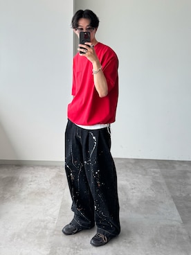 「赤」｜「アイテム（レッド系）」を使った、おさゆうさん（メンズ・168cm）の夏コーディネート