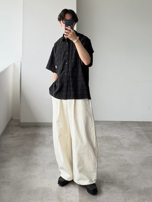 「WETTEMPT(ウィテンプト)のMATERIAL CHECK S/S SHIRT / マテリアルチェックS/Sシャツ(シャツ/ブラウス)」を使った、おさゆうさん(メンズ・168cm)の夏コーディネート