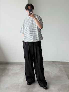 「WETTEMPT（ウィテンプト）のSKETCH MULTI BORDER S/S TEE / スケッチマルチボーダーS/S T（Tシャツ/カットソー、グレー系）」を使った、おさゆうさん（メンズ・168cm）の夏コーディネート