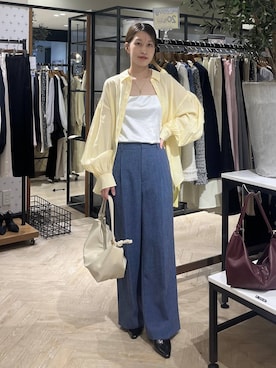 「A part by（アパートバイ）の【多機能・セットアップ対応可能】リネンライクパンツ（その他パンツ、ブルー系）」を使った、hinakoさん（レディース・157cm）の春コーディネート