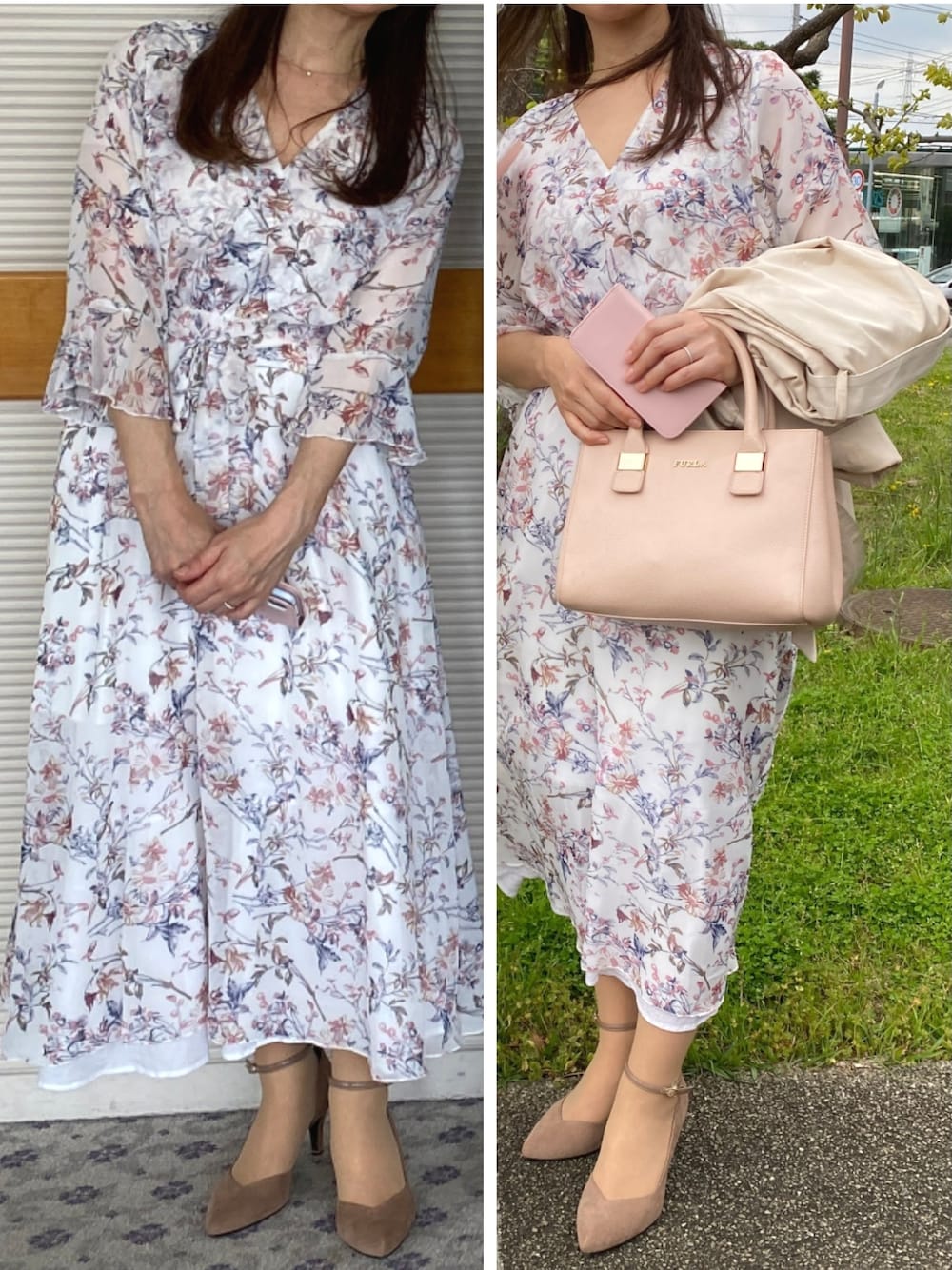 「キレイめコーデ、春服、スプリングコート、花柄ワンピース」｜「REZOYのアイテム（パンプス、ベージュ系）」を使った、彩さん（レディース・156cm）の春コーディネートの1枚目の写真