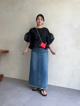 「prose verse（プロズヴェール）のチェーンショルダー付きキルティングミニ財布（財布、レッド系）」を使った、みーやんさん（レディース・155cm）の春コーディネート