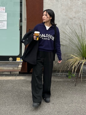 「ロゴニット」｜「アイテム（スラックス）」を使った、みーやんさん（レディース・155cm）の冬コーディネート