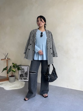 「prose verse（プロズヴェール）のストレッチギンガムチェックジャケット（テーラードジャケット、ブラック系）」を使った、みーやんさん（レディース・155cm）の春コーディネート