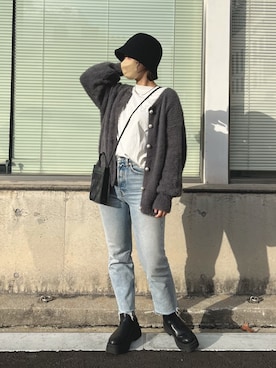 「prose verse（プロズヴェール）のパールボタン2WAYシャギーニットカーデ（カーディガン/ボレロ）」を使った、みーやんさん（レディース・155cm）の冬コーディネート