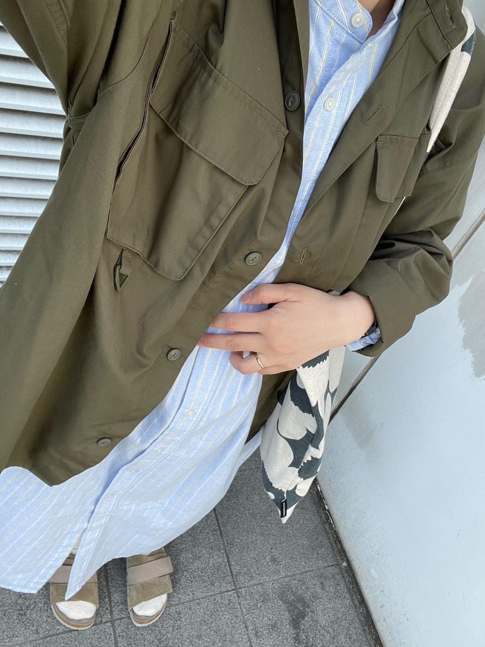 「niko and...のオックスストライプバンドカラーシャツワンピース（シャツワンピース、ブルー系）」を使った、___chairoさん（レディース・155cm）の春コーディネートの1枚目の写真