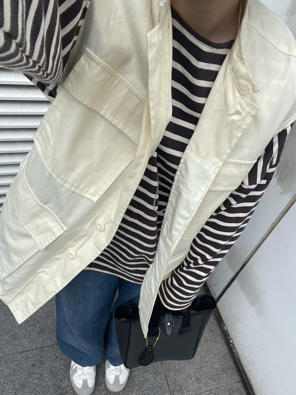 「SLOBE IENAの【LE MINOR/ルミノア】SLOBE別注ビッグボーダーカットソー◆【洗濯機洗い可】（Tシャツ/カットソー、ブラウン系）」を使った、___chairoさん（レディース・155cm）の春コーディネートの1枚目の写真