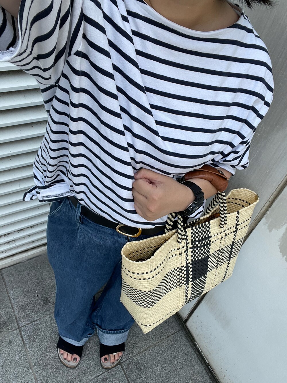 「無印良品の紳士　洗いざらし太番手ボートネック五分袖Ｔシャツ（Tシャツ/カットソー、ブルー系）」を使った、___chairoさん（レディース・155cm）の夏コーディネートの1枚目の写真