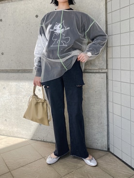 「mi via loca（ミヴィアロカ）のシアー配色ステッチチュールトップス（Tシャツ/カットソー）」を使った、minami さん（レディース・158cm）の春コーディネート