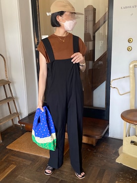 「ブラウン×ブラック」｜「アイテム（オールインワン・サロペット）」を使った、minami さん（レディース・158cm）の夏コーディネート