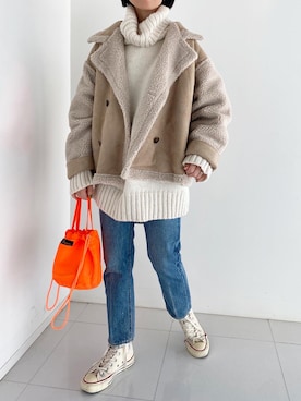 「moment+（モーメントプラス）のアイテム（ムートンコート）」を使った、minami さん（レディース・158cm）の冬コーディネート