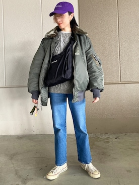 「アイテム（帽子、パープル系）」を使った、minami さん（レディース・158cm）の冬コーディネート