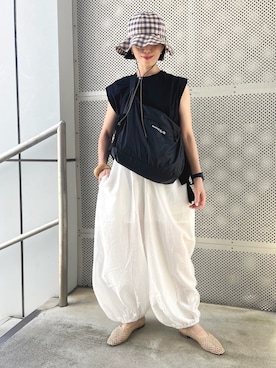 「アイテム（帽子、パープル系）」を使った、minami さん（レディース・158cm）の夏コーディネート