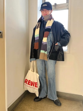 「AP STUDIO（エーピーストゥディオ）のアイテム（ライダースジャケット）」を使った、minami さん（レディース・158cm）の冬コーディネート
