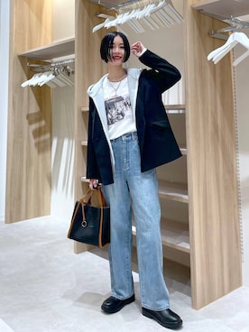 「GLOBAL WORK（グローバルワーク）のGOODデニムバギーパンツ/498388（デニムパンツ）」を使った、るんるんさん（レディース・168cm）の秋コーディネート