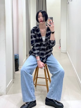 「GLOBAL WORK（グローバルワーク）のGOODデニムバギーパンツ/498388（デニムパンツ）」を使った、るんるんさん（レディース・168cm）の秋コーディネート