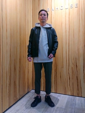 「ABAHOUSE GRAY（アバハウスグレイ）のアイテム（ライダースジャケット）」を使った、ナカムラ ヨウヘイさん（メンズ・165cm）の秋コーディネート