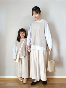 「ikka（イッカ）の【雑誌InRed4月号掲載】ニットベストブラウスセット【2点セット】（Tシャツ/カットソー、ベージュ系）」を使った、ｐａｎａさん（レディース・162cm）の春コーディネート