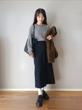 「BONLECILL（ボンルシール）の【至福のカヌレニット】ラメフリル配色リブボリュームスリーブプルオーバー（ニット/セーター、ブラック系）」を使った、ｐａｎａさん（レディース・162cm）の秋コーディネート