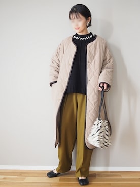 「ステッチ」｜「アイテム（ノーカラーコート）」を使った、ｐａｎａさん（レディース・162cm）の秋コーディネート