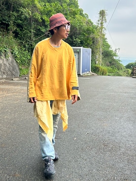 「TRAINERBOYSのアイテム（スウェット、イエロー系）」を使った、yosukeさん（メンズ・168cm）の春コーディネート