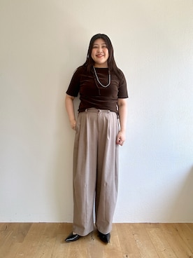 「Omekashi（オメカシ）の【トレンドシルエット◎】バレルスラックス（その他パンツ、ベージュ系）」を使った、hayataさん（レディース・164cm）の夏コーディネート