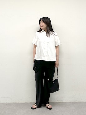 「Omekashi（オメカシ）のセルロースハーフスリーブシャツ（シャツ/ブラウス、ホワイト系）」を使った、hayataさん（レディース・164cm）の春コーディネート