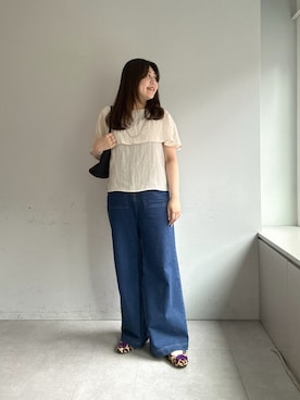 「Omekashi（オメカシ）のスウェットデニムフレアパンツ（デニムパンツ、ブルー系）」を使った、hayata(相互)さん（レディース・164cm）の春コーディネート