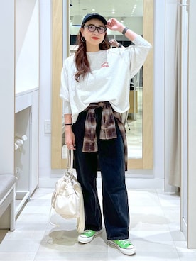 「GLOBAL WORK（グローバルワーク）のGOODデニムバギーパンツ/498388（デニムパンツ）」を使った、アリマさん（レディース・158cm）の秋コーディネート