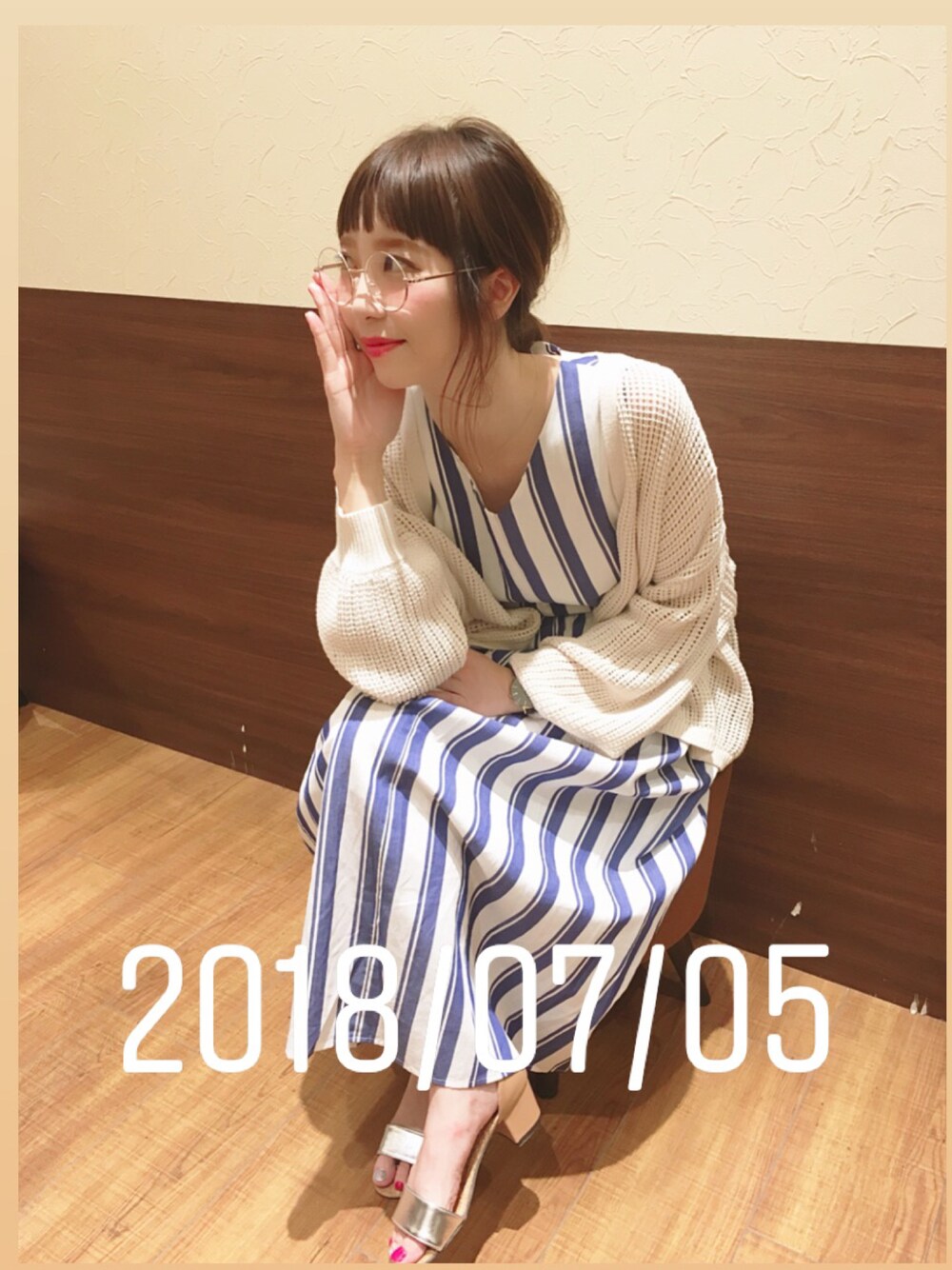 「ワンピース、ストライプ、夏コーデ」｜「Sens de vieのアイテム（ワンピース、ブルー系）」を使った、Cacoさん（レディース・153cm）の春コーディネートの1枚目の写真