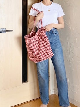 「アイテム（エコバッグ/サブバッグ、レッド系）」を使った、あおさん（レディース・157cm）の夏コーディネート