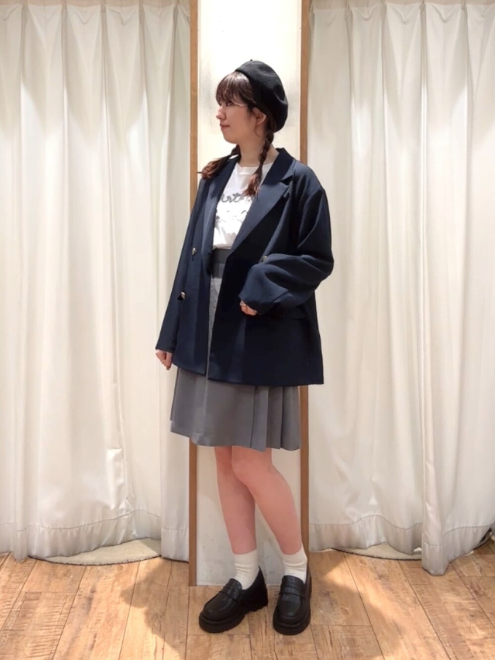 「ehka sopo、ehkasopo、エヘカソポ、エヘカ、カジュアル、ジャケット、春コーデ、春」｜「ehka sopoのテーラードジャケット（ノーカラージャケット、ブルー系）」を使った、ayanoさん（レディース・162cm）の春コーディネートの1枚目の写真