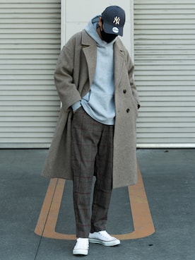 「チェック柄に恋してる」｜「アイテム（ステンカラーコート）」を使った、masaさん（メンズ・174cm）の冬コーディネート