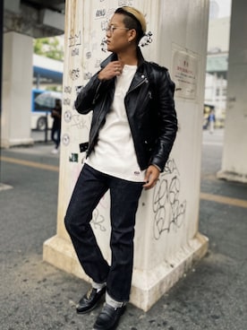 「秋トレンド2021」｜「アイテム（ライダースジャケット）」を使った、Yuta Suzukiさん（メンズ・174cm）の秋コーディネート