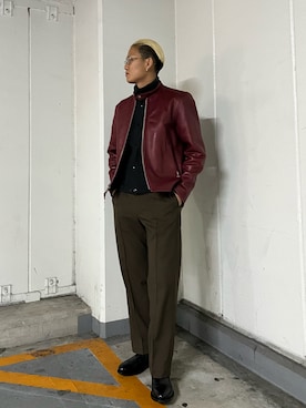 「アイテム（ライダースジャケット、レッド系）」を使った、Yuta Suzukiさん（メンズ・174cm）の冬コーディネート
